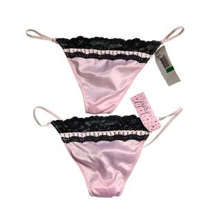 Jezebel Pink Satin Black Lace 2pk Thong L Womens Panties